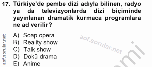 17. soru: Türkiye'de pembe dizi adıyla bilinen, radyo ya da televizyonlarda dizi biçiminde yayınlanan dramatik kurmaca programl…