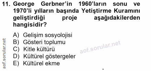 11. soru: George Gerbner'in 1960'larin sonu ve 1970'li yılların başında Yetiştirme Kuramını geliştirdiği proje aşağıdakilerden…