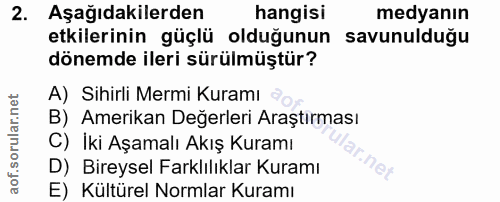 2. soru: Aşağıdakilerden hangisi medyanın etkilerinin güçlü olduğunun savunulduğu dönemde ileri sürülmüştür? A) Sihirli Mermi…