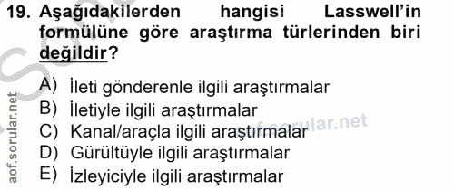 19. soru: Aşağıdakilerden hangisi Lasswell'in formülüne göre araştırma türlerinden biri değildir? A) İleti gönderenle ilgili ar…
