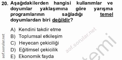 20. soru: Aşağıdakilerden hangisi kullanımlar ve doyumlar yaklaşımına göre yarışma programlarının sağladığı temel doyumlardan b…