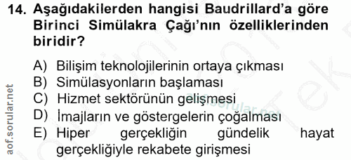 14. soru: Aşağıdakilerden hangisi Baudrillard'a göre Birinci Simülakra Çağı'nın özelliklerinden biridir? A) Bilişim teknolojile…