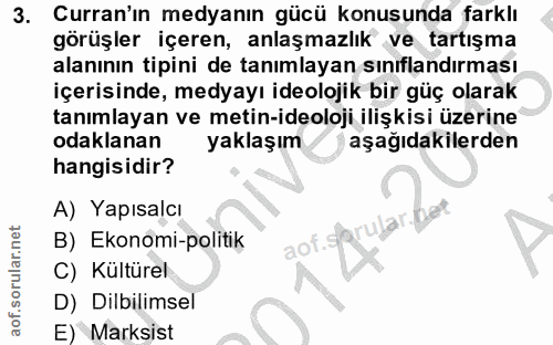 3. soru: Curran'ın medyanın gücü konusunda farklı görüşler içeren, anlaşmazlık ve tartışma alanının tipini de tanımlayan sınıf…