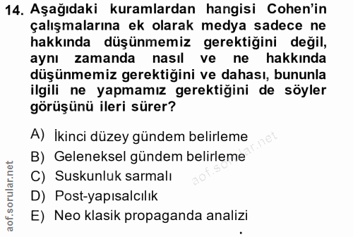 14. soru: Aşağıdaki kuramlardan hangisi Cohen'in çalışmalarına ek olarak medya sadece ne hakkında düşünmemiz gerektiğini değil,…