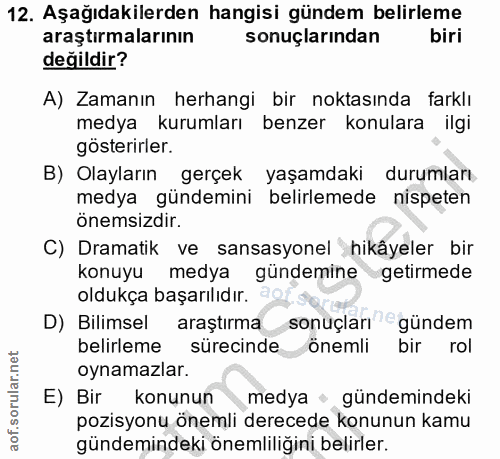 12. soru: Aşağıdakilerden hangisi gündem belirleme araştırmalarının sonuçlarından biri değildir? A) Zamanın herhangi bir noktas…