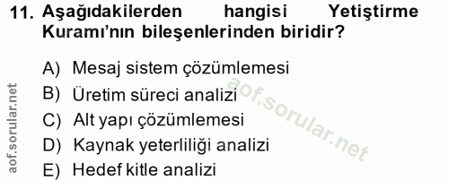 11. soru: Aşağıdakilerden hangisi Yetiştirme Kuramı'nın bileşenlerinden biridir? A) Mesaj sistem çözümlemesi B) Üretim süreci a…