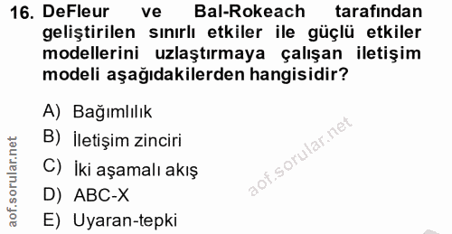 16. soru: DeFleur ve Bal-Rokeach tarafından geliştirilen sınırlı etkiler ile güçlü etkiler modellerini uzlaştırmaya çalışan ile…