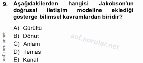 9. soru: Aşağıdakilerden hangisi Jakobson'un dogrusal iletişim modeline eklediği gösterge bilimsel kavramlardan biridir? A) Gü…