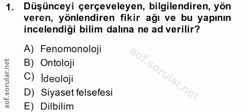 1. soru: Düşünceyi çerçeveleyen, bilgilendiren, yön veren, yönlendiren fikir ağı ve bu yapının incelendiği bilim dalına ne ad…
