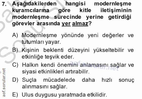 7. soru: Aşağıdakilerden hangisi modernleşme kuramcılarına göre kitle iletişiminin modernleşme sürecinde yerine getirdiği göre…