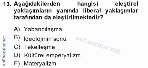 13. soru: Aşağıdakilerden hangisi eleştirel yaklaşımların yanında liberal yaklaşımlar tarafından da eleştirilmektedir? A) Yaban…