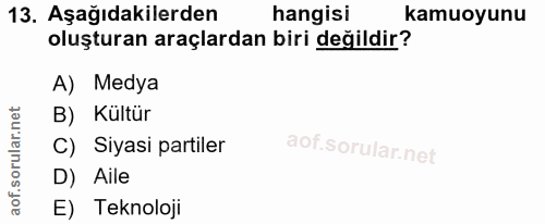 13. soru: Aşağıdakilerden hangisi kamuoyunu oluşturan araçlardan biri değildir? A) Medya B) Kültür C) Siyasi partiler D) Aile E…