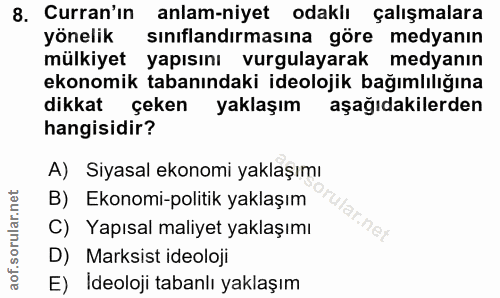 8. soru: Curran'ın anlam-niyet odaklı çalışmalara yönelik sınıflandırmasına göre medyanın mülkiyet yapısını vurgulayarak medya…