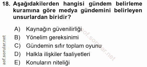 18. soru: Aşağıdakilerden hangisi gündem belirleme kuramına göre medya gündemini belirleyen unsurlardan biridir? A) Kaynağın gü…