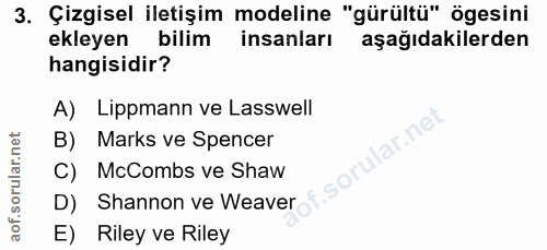 3. soru: Çizgisel iletişim modeline "gürültü" ögesini ekleyen bilim insanları aşağıdakilerden hangisidir? A) Lippmann ve Lassw…