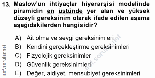 13. soru: Maslow'un ihtiyaçlar hiyerarşisi modelinde piramidin en üstünde yer alan ve yüksek düzeyli gereksinim olarak ifade ed…