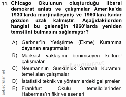11. soru: Chicago Okulunun oluşturduğu liberal demokrat anlatı ve çalışmalar Amerika'da 1930'larda marjinalleşmiş ve 1960'lara…