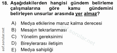 18. soru: Aşağıdakilerden hangisi gündem belirleme çalışmalarına göre kamu gündemini belirleyen unsurlar arasında yer almaz? A)…