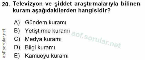20. soru: Televizyon ve şiddet araştırmalarıyla bilinen kuram aşağıdakilerden hangisidir? B) Yetiştirme kurami A) Gündem kuramı…