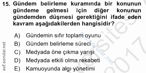 15. soru: Gündem belirleme kuramında bir konunun gündeme gelmesi için diğer konunun gündemden düşmesi gerektiğini ifade eden ka…