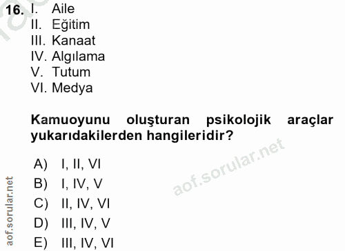 16. soru: I. Aile II. Eğitim III. Kanaat IV. Algilama V. Tutum VI. Medya Kamuoyunu oluşturan psikolojik araçlar yukarıdakilerde…