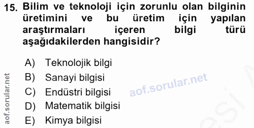 15. soru: Bilim ve teknoloji için zorunlu olan bilginin üretimini ve bu üretim için yapılan araştırmaları içeren bilgi türü aşa…
