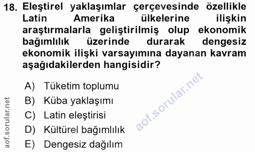 18. soru: Eleştirel yaklaşımlar çerçevesinde özellikle Latin Amerika ülkelerine ilişkin araştırmalarla geliştirilmiş olup ekono…