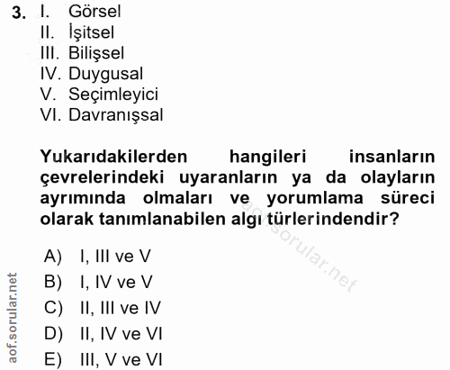 3. soru: 1. Görsel II. İşitsel IlI. Bilişsel IV. Duygusal V. Seçimleyici VI. Davranışsal Yukarıdakilerden hangileri insanların…