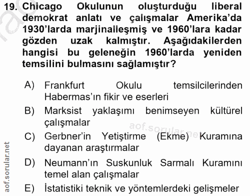 19. soru: Chicago Okulunun oluşturduğu liberal demokrat anlatı ve çalışmalar Amerika'da 1930'larda marjinalleşmiş ve 1960'lara…
