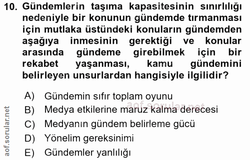 10. soru: Gündemlerin taşıma kapasitesinin sınırlılığı nedeniyle bir konunun gündemde tırmanması için mutlaka üstündeki konular…