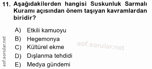 11. soru: Aşağıdakilerden hangisi Suskunluk Sarmalı Kuramı açısından önem taşıyan kavramlardan biridir? A) Etkili kamuoyu B) He…