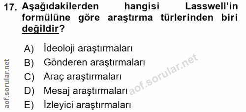 17. soru: Aşağıdakilerden hangisi Lasswell'in formülüne göre araştırma türlerinden biri değildir? A) Ideoloji araştırmaları B)…