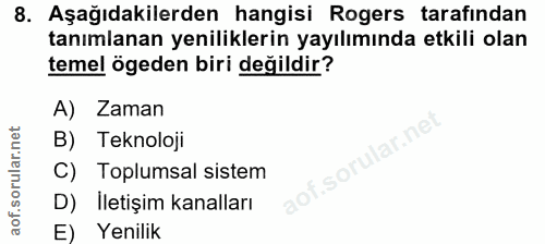 8. soru: Aşağıdakilerden hangisi Rogers tarafından tanımlanan yeniliklerin yayılımında etkili olan temel ögeden biri değildir?…