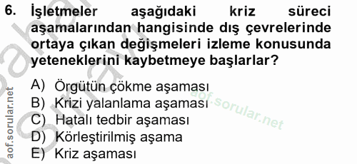 6. soru: İşletmeler aşağıdaki kriz süreci aşamalarından hangisinde dış çevrelerinde ortaya çıkan degişmeleri izleme konusunda…