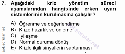 7. soru: Aşağıdaki kriz yönetim süreci aşamalarından hangisinde erken uyarı sistemlerinin kurulmasına çalışılır? A) Öğrenme ve…