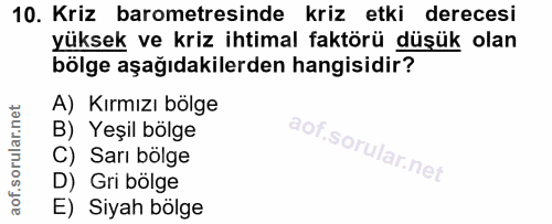 10. soru: Kriz barometresinde kriz etki derecesi yüksek ve kriz ihtimal faktörü düşük olan bölge aşağıdakilerden hangisidir? A)…