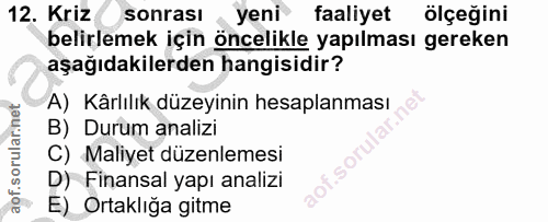 12. soru: Kriz sonrası yeni faaliyet ölçeğini belirlemek için öncelikle yapılması gereken aşağıdakilerden hangisidir? A) Kârlıl…