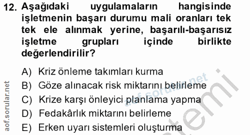 12. soru: Aşağıdaki uygulamaların hangisinde işletmenin başarı durumu mali oranları tek tek ele alınmak yerine, başarılı-başarı…