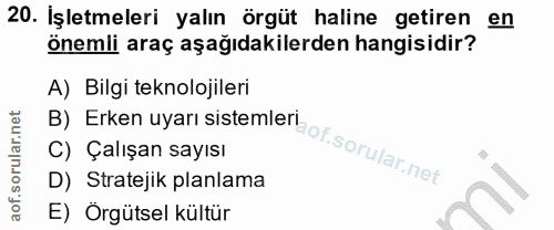 20. soru: Işletmeleri yalın örgüt haline getiren en önemli araç aşağıdakilerden hangisidir? B) Erken uyarı sistemlet A) Bilgi t…