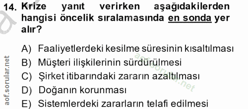 14. soru: Krize yanıt verirken aşağıdakilerden hangisi öncelik sıralamasında en sonda yer alır? A) Faaliyetlerdeki kesilme süre…