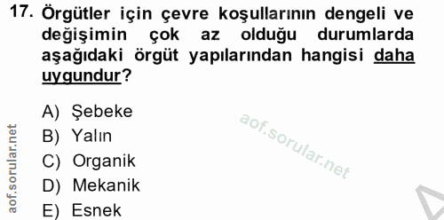 17. soru: Örgütler için çevre koşullarının dengeli ve değişimin çok az olduğu durumlarda aşağıdaki örgüt yapılarından hangisi d…