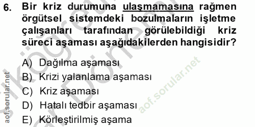 6. soru: Bir kriz durumuna ulaşmamasına rağmen örgütsel sistemdeki bozulmaların işletme çalışanları tarafından görülebildiği k…