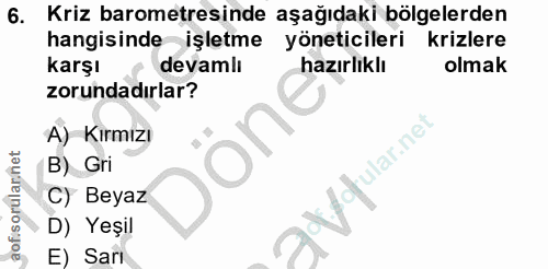 6. soru: Kriz barometresinde aşağıdaki bölgelerden hangisinde işletme yöneticileri krizlere karşı • devamli hazırlıklı olmak z…