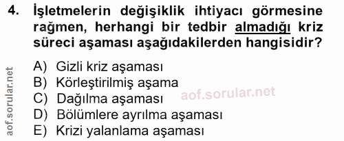 4. soru: İşletmelerin değişiklik ihtiyacı görmesine rağmen, herhangi bir tedbir almadığı kriz süreci aşaması aşağıdakilerden h…
