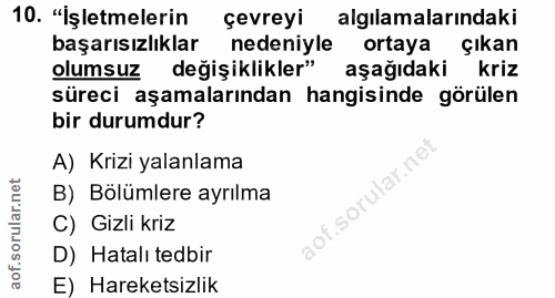 10. soru: "İşletmelerin çevreyi algılamalarindaki başarısızlıklar nedeniyle ortaya çıkan olumsuz değişiklikler" aşağıdaki kriz…