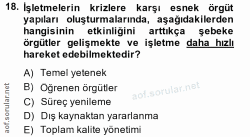 18. soru: İşletmelerin krizlere karşı esnek örgüt yapıları oluşturmalarında, aşağıdakilerden hangisinin etkinliğini arttıkça şe…