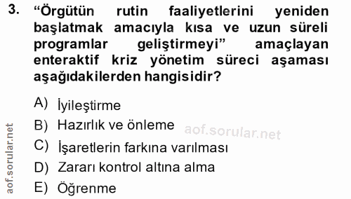 3. soru: "Örgütün rutin faaliyetlerini yeniden başlatmak amacıyla kısa ve uzun süreli programlar geliştirmeyi" amaçlayan enter…
