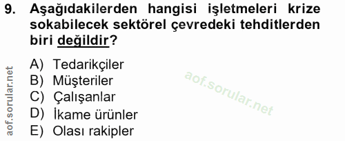 9. soru: Aşağıdakilerden hangisi işletmeleri krize sokabilecek sektörel çevredeki tehditlerden biri değildir? A) Tedarikçiler…