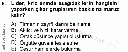 6. soru: Lider, kriz anında aşağıdakilerin hangisini yaparken çıkar gruplarının baskısına maruz kalır? A) Firmanın zayıflıklar…