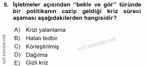 5. soru: İşletmeler açısından "bekle ve gör" türünde bir politikanın cazip geldiği kriz süreci aşaması aşağıdakilerden hangisi…